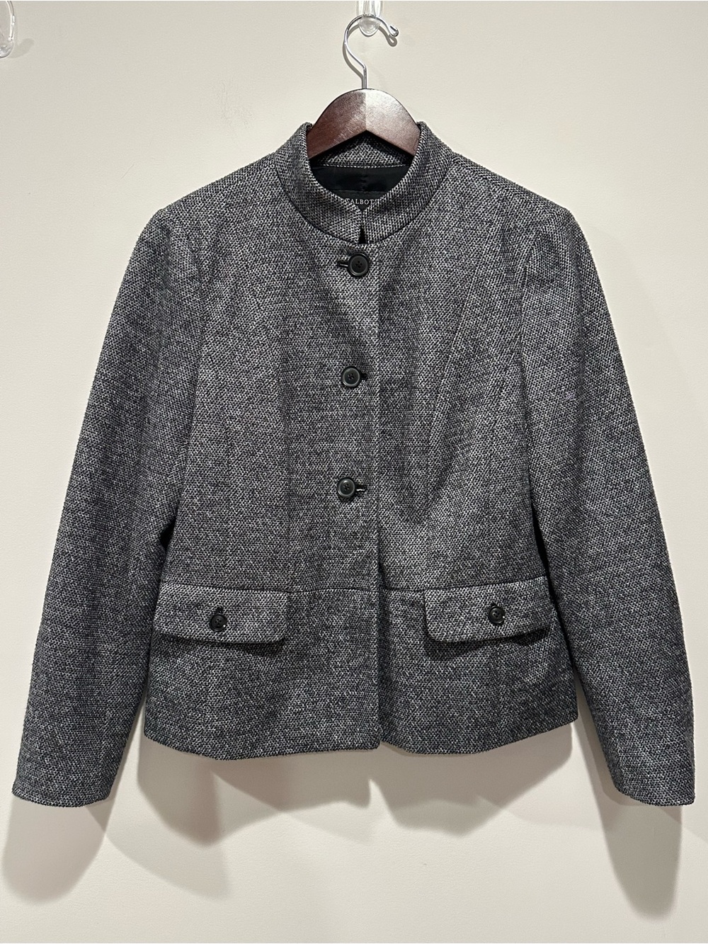 Talbots Charcoal Gray Herringbone Collarless Wool-Blend Blazer